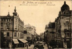 1917 Sankt Pölten, St. Pölten; Hotel Kaiserin von Österreich, Kremserstrasse, Café Bahnhof, K.K. Poststation / street view, hotel, post office, café, tram, dentist, shops (Rb)