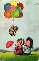 Children art postcard, dog with balloons. Amag 0181. (Rb)