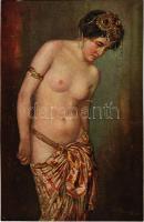 Verkauft / Erotic nude lady art postcard. Marke J.S.C. 6055. s: Prof. G. Rienäcker (vágott / cut)