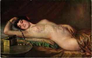 Der neue Schmuck / Erotic nude lady art postcard. Marke J.S.C. 6083. s: Prof. G. Rienäcker