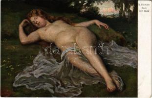 Nach dem Bade / Erotic nude lady art postcard. H.K. & Co. M. Palette-Karte No. 18. s: S. Glücklich