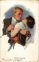 1925 Once is no custom Lady art postcard, romantic couple. B.K.W.I. 223-3. artist signed (EB)