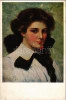 1925 Lady art postcard, cherries. M.M. Nr. 832. s: Clarence F. Underwood (szakadás / tear)