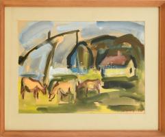 Tábori József (1928-2001): Állatok gémeskútnál, 1970. Akvarell, papír. Üvegezett, kissé kopott fa keretben, 29,5x41 cm