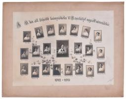 1913 Pozsony, M. kir. áll. felsőbb leányiskola növendékei tabló kartonon. Mindszenty fényképész pecséttel jelzett fotó 33x26 cm