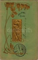 1903 Herzlichen Gruss / Art Nouveau Lady, Emb. golden litho (EK)