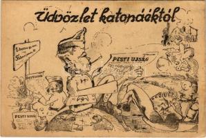 Üdvözlet katonáéktól! Pesti Újságot olvasó katonák. 1. honv. gyalogezred Tábori posta 11. / WWII Hungarian military field postcard s: Karp. tizedes (EK)