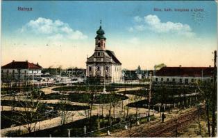 1915 Hatvan, Római katolikus templom és tér. Vasúti levelezőlapárusítás 3. 1915. (EB)