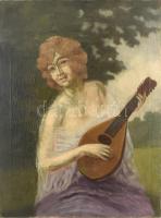 id. Czene Béla (1880 körül-1944 körül): Lanton játszó hölgy. Olaj. vászon, jelzett. 80×60 cm