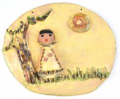 Falikép, Színes mázakkal festett kerámia. Apró csorbák. 23x19,5cm