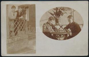 1922 Bp., sakkozó gyerekek, fotólap, 8,5×13,5 cm
