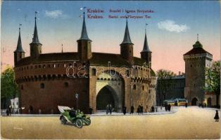 1916 Kraków, Krakau; Rondel i brama floryanska / Bastei und Floryaner Tor / tower and gate, automobile, tram