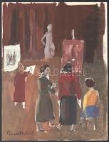 Bernáth Aurél jelzéssel: Festőnövendékek. Akvarell, ceruza, papír. Lap bal felső sarkában törésnyommal. 29,5×22,5 cm