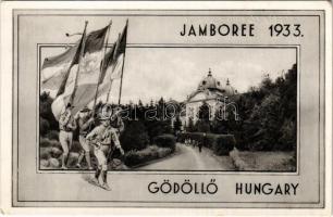 Gödöllő, Cserkész Jamboree 1933 / 4th World Scout Jamboree in Hungary, Hungarian boy scouts with flags (EK)