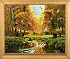 Stonner Béla (?-?): Erdőrészlet. Olaj, vászon. Dekoratív, sérült fa keretben, 60×79 cm