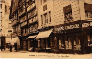 Lisieux, Vieilles Maisons penchées, Place Victor-Hugo / square, old leaning houses, shops (EK)