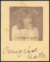 cca 1987 Csongrádi Kata (1953-) színésznő, énekesnő autográf aláírása Én A Millióból Egy Vagyok c. lemezét reklámozó kártyán, kissé foltos