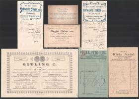 1883-1934 Vegyes reklámos számla tétel: közte Bp., Gitling C. Utóda (paplan), Schwartz Simon (női di...
