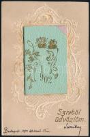 1902 Szívből üdvözlöm. , 1902-es aranyozott kártyanaptár/tárcanaptár díszes újévi levelezőlapon, jó állapotban, 13,5x9 cm