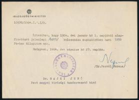 1964 Bp., Nezvál Ferenc igazságügyi miniszter által aláírt irat