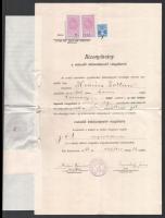 1936 Vásárhelyi János püspök által aláírt bizonyítvány román fordítással, bélyegekkel, viaszpecsétte...