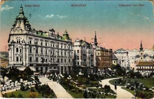 1916 Budapest I. Tabán, Döbrentei tér, Czigler-féle sarok palota, Keller Ignác üzlete, Erzsébethíd kávéház, villamos (Rb)