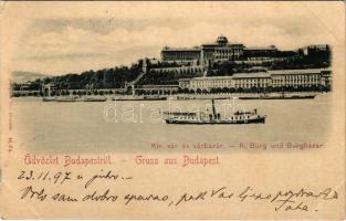 1897 (Vorläufer) Budapest I. Kir. vár és várbazár, gőzhajó (EK)