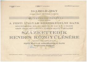 Budapest 1944. Pesti Magyar Kereskedelmi Bank Százkettedik Rendes Közgyűlésére igazoló-jegy T:III