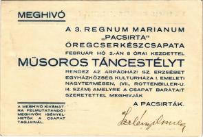 Meghívó a 3. Regnum Marianum Pacsirta Öregcserkészcsapata műsoros táncestélyére / Hungarian boy scout postcard, dance ball invitation (EK)