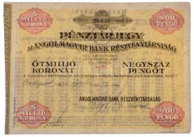 Budapest 1942. Angol-Magyar Bank Részvénytársaság pénztárjegye 5.000.000K-ról / 400P-ről szárazpecséttel, bélyegzéssel T:III