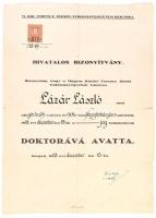 1928 JOgi doktori avatás hivatalos bizonyítványa. Szegedi Tudományegyetem