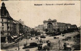 1917 Budapest VII. Baross tér, Központi (Keleti) pályaudvar, villamosok. Vasúti levelezőlapárusítás 3685. (EK)