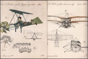 Régi kísérleti repülő járművekről metszetek modern másolata. Merített papíron. 12 db 30x30 cm