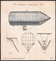 Régi kísérleti repülő járművekről metszetek modern másolata. Merített papíron. 12 db 30x30 cm