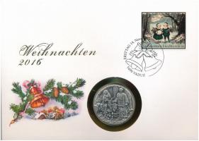 Liechtenstein 2016. Karácsony jelzett Ag emlékérem felbélyegzett borítékban, elsőnapi bélyegzéssel (0.900) T:1 Liechtenstein 2016. Christmas hallmarked Ag commemorative medallion in envelope with stamp and first day cancellation (0.900) C:UNC