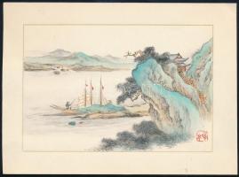 Kilátás a folyóra, Színezett, jelzett kínai fametszet 9x12 cm