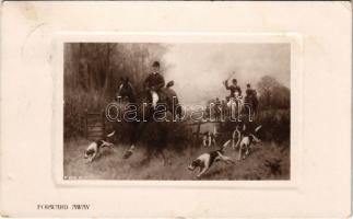 1910 Forward away Hunting art postcard. Rotary Photographic Plate Sunk Gem Series (EK)