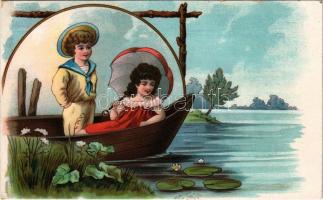 Children art postcard, romantic couple in a boat