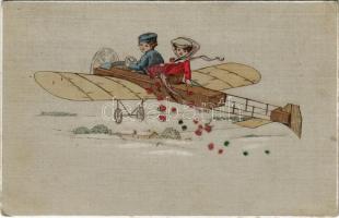 1910 Children art postcard, romantic couple in an airplane (EK)