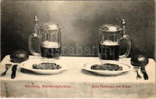 1906 Nürnberg, Nuremberg; Bratwurstglöcklein. Zwei Portionen mit Kraut / traditional German meal, sausage with cabbage and beer (EK)