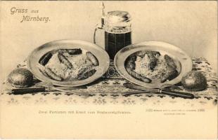 Nürnberg, Nuremberg; Zwei Portionen mit Kraut vom Bratwurstglöcklein / traditional German meal, sausage with cabbage and beer