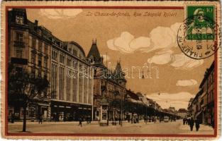 La Chaux-de-Fonds, Rue Léopold Robert / street view, tram, shops. TCV card (slightly wet corner)