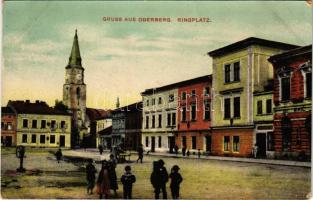 Bohumín, Oderberg; Ringplatz / market square, shops, church. W.L. Bp. 2934. (EK)