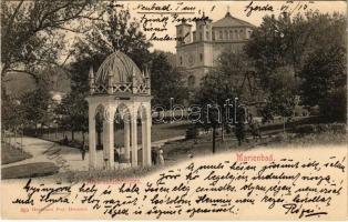 1904 Marianske Lazne, Marienbad; Ambrosiusbrunnen / fountain, park, church (crease)