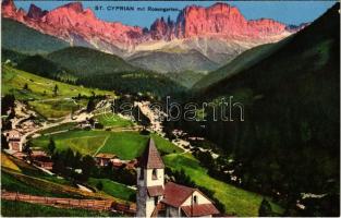 San Cipriano, Sankt Zyprian, St. Cyprian (Südtirol); mit Rosengarten / general view with mountain, church. Gerstenberger & Müller
