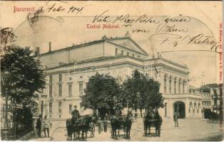 1904 Bucharest, Bukarest, Bucuresti, Bucuresci; Teatrul National / National Theatre, street view with horse-drawn carriages. Editura Ad. Maier & D. Stern (fl)