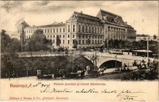1904 Bucharest, Bukarest, Bucuresti, Bucuresci; Palatul Justitiei si Cheiul Dambovita / Palace of Justice, bridge, horse-drawn carriages. Editura J. Saraga & Co. Fortuna (EK)