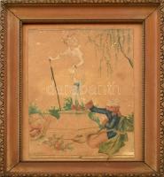 Subkégel Gyula (1907-?): Udvarlás. Akvarell, selyem, kartonra kasírozva. Jelzett. Foltos. 29x20,5 cm Üvegezett fa keretben
