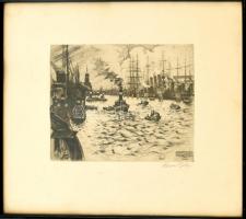 Krón Béla (1884-1965): Hamburgi kikötő az argentin Sarmiento és a Berlin hajókkal, 1923. Rézkarc, papír, jelzett, üvegezett keretben, 15×21,5 cm