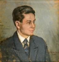 Halvax Gyula (1906-1984): Fiának portréja. Pasztell, papír. Sérült. Jelzett. Üvegezett sérült fa keretben. 49x46,5cm
